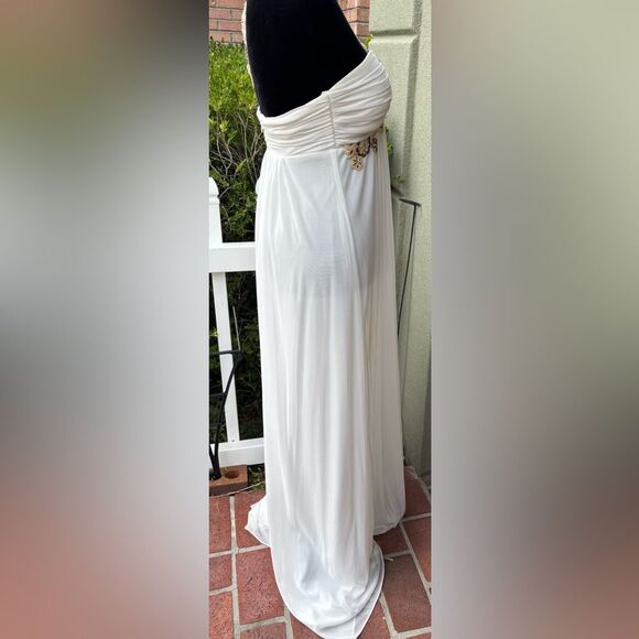 White Flowing Silhouette One Shoulder Gold Sequins Floral Embellishment Full Len - Picture 6 of 9